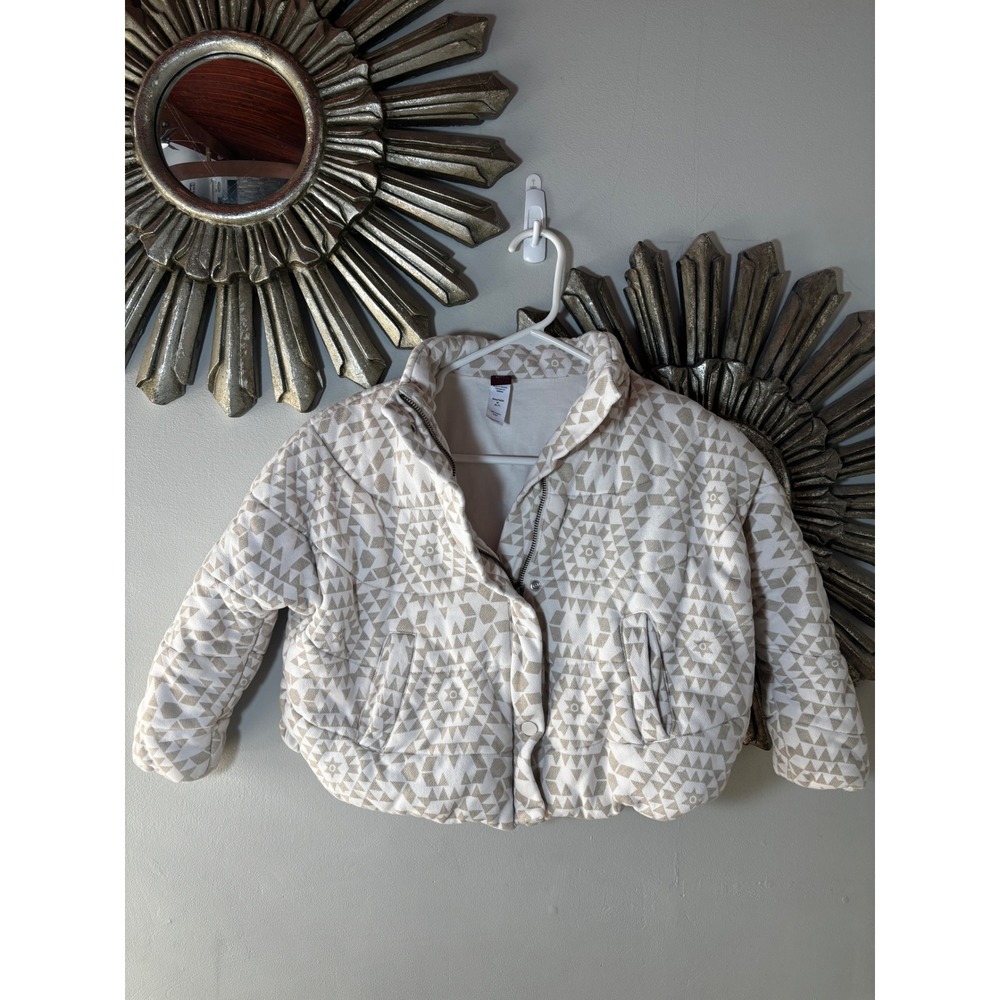 Tea Collection Kids Quilted Geometric Puffer Jacket Tan White‎ Size 6-7 Cotton
